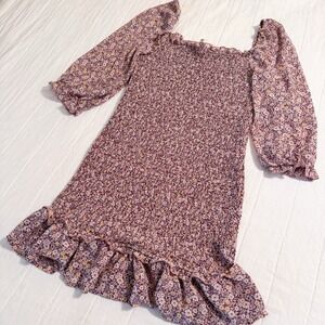 The Impeccable Pig Women's LARGE Smocked Body Mini Dress Floral Square Neck